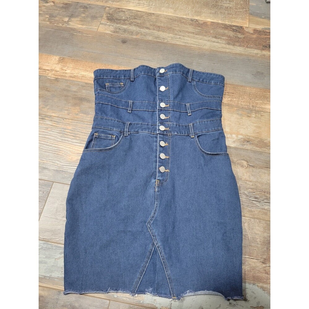 Denim Blvd Los Angeles Ladies LARGE Mini Dress Strapless Buttondown AMAZING